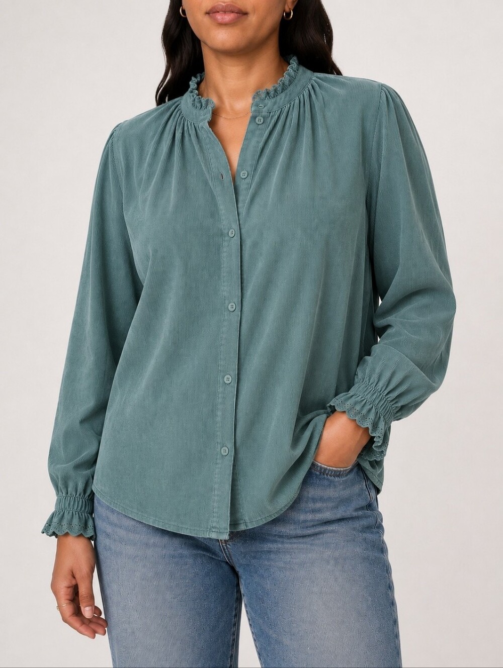 Ba&sh Patsy Sage Green Corduroy Cotton Ruffle Blouse Shirt Women's US 8  Size 3